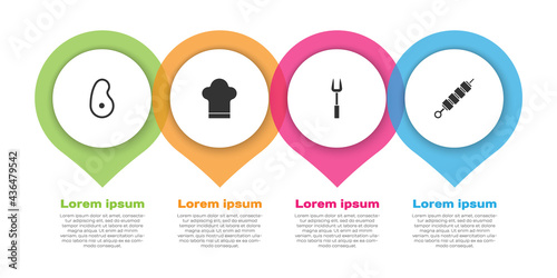 Set Steak meat, Chef hat, Barbecue fork and Grilled shish kebab. Business infographic template. Vector