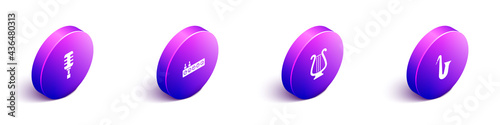 Set Isometric Microphone, Sound mixer controller, Ancient lyre and Musical instrument saxophone icon. Vector