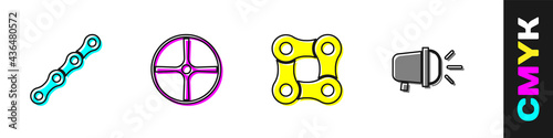 Set Bicycle chain, wheel, and head lamp icon. Vector
