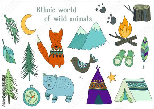 Ethnic world of wild animals. Clipart for the image of travel in harsh environment. Tourism with tents