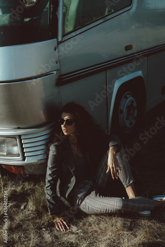 fashion girl by the bus