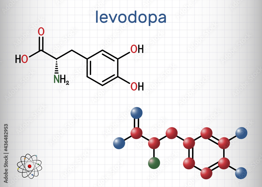 l-DOPA, levodopa molecule. It is an amino acid, is used to increase dopamine concentrations in the treatment of Parkinson's disease. Sheet of paper in a cage l-DOPA, levodopa molecule. It is an amino acid, is used to increase dopamine concentrations in the treatment of Parkinson's disease. Sheet of paper in a cage