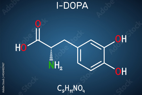 l-DOPA, levodopa molecule. It is an amino acid, is used to increase dopamine concentrations in the treatment of Parkinson's disease. Dark blue background