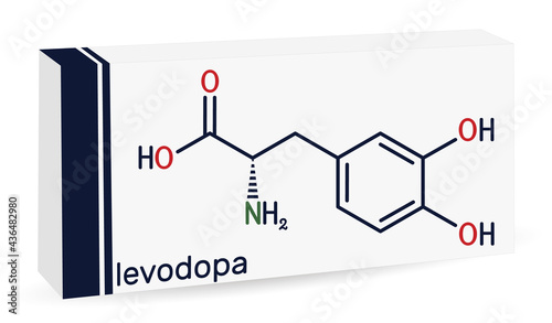 l-DOPA, levodopa molecule. It is an amino acid, is used to increase dopamine concentrations in the treatment of Parkinson's disease. Paper packaging for drugs. Skeletal formula