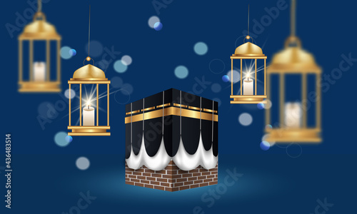Islamic pilgrimage to Mecca. Translation: Muslim holiday hajj pilgrimage. Vector illustration realistic
