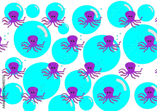 repeating pattern of violet octopuses on light blue water bubbles