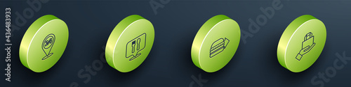 Set Isometric Round the clock delivery, Cafe and restaurant location, Online ordering burger and icon. Vector