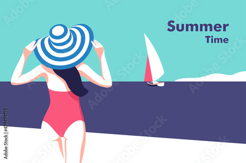 Summer party, vacation and travel concept. Girl on the beach. Vector flyer or poster design in minimalistic style.