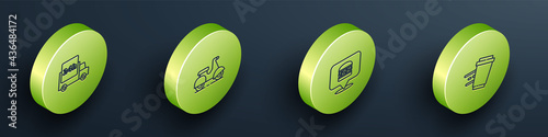 Set Isometric Fast delivery by car, Scooter, Online ordering burger and Coffee cup to go icon. Vector