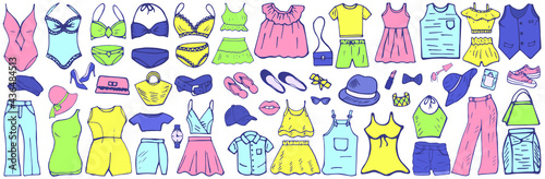 Handmade fashion illustration in a different way. A creative work of art. True vector drawing summer view. Streetwear set: bikini, boots, jeans, sneakers, bag, skirt, children's clothing, pants, perfu