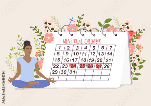 Feminine hygiene. Woman meditating  on Menstrual period calendar in the  background