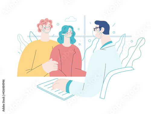Doctor and patients - medical insurance illustration. Modern flat vector