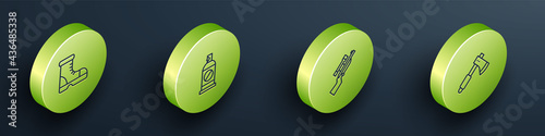 Set Isometric line Hunter boots, Spray against insects, Sniper rifle with scope and Wooden axe icon. Vector