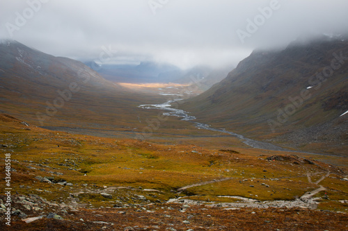 The view of the valley in the direction of S  lka  hiking Kungsleden  king s  trail  rainy day  Lapland  Sweden  September 2020.