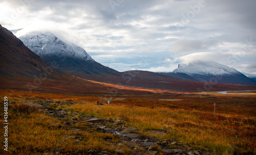 Hiking Kungsleden (king's) trail, between Sälka and Singi, sunrise, Lapland, Sweden, September 2020.