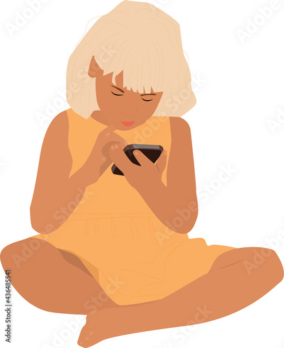 Little girl with smartphone sitting, gadget addiction concept flat vector illustration. Kid's dependence on a smartphone, gadget or the Internet. girl isolated on white background. 