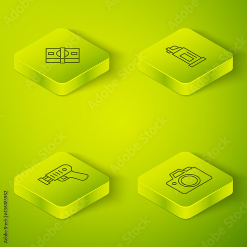 Set Isometric line Pepper spray, Police electric shocker, Photo camera and Stacks paper money cash icon. Vector