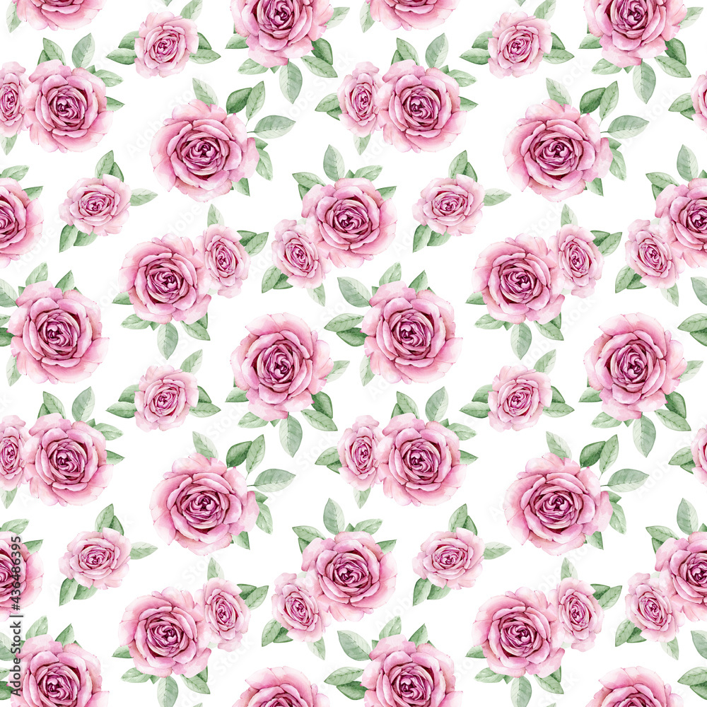 seamless floral pattern with delicate roses on a white background, watercolor illustration hand painted