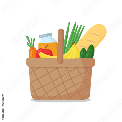 Picnic basket with food isolated on white background. Vector illustration