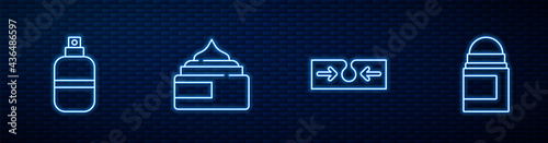 Set line Acne, Perfume, Cream or lotion cosmetic tube and Antiperspirant deodorant roll. Glowing neon icon on brick wall. Vector