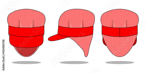 Red Industry Peak Cap With Hair Net Template Vector On White Background.Front, Side And Back View.