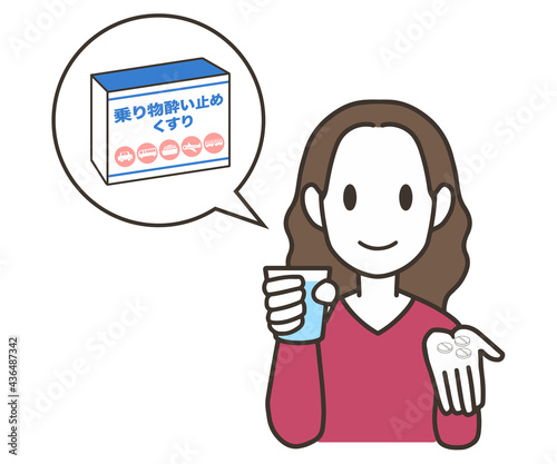 酔い止め薬を飲む　女性　錠剤
