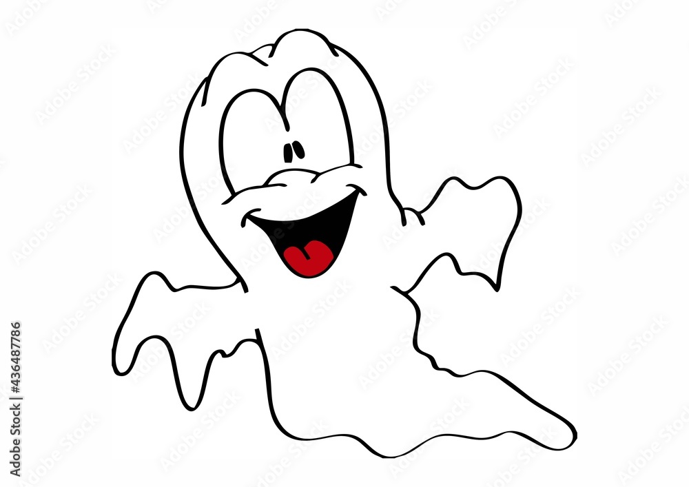 white ghost with red tongue, childish cartoon of friendly ghost white ghost with red tongue, childish cartoon of friendly ghost
