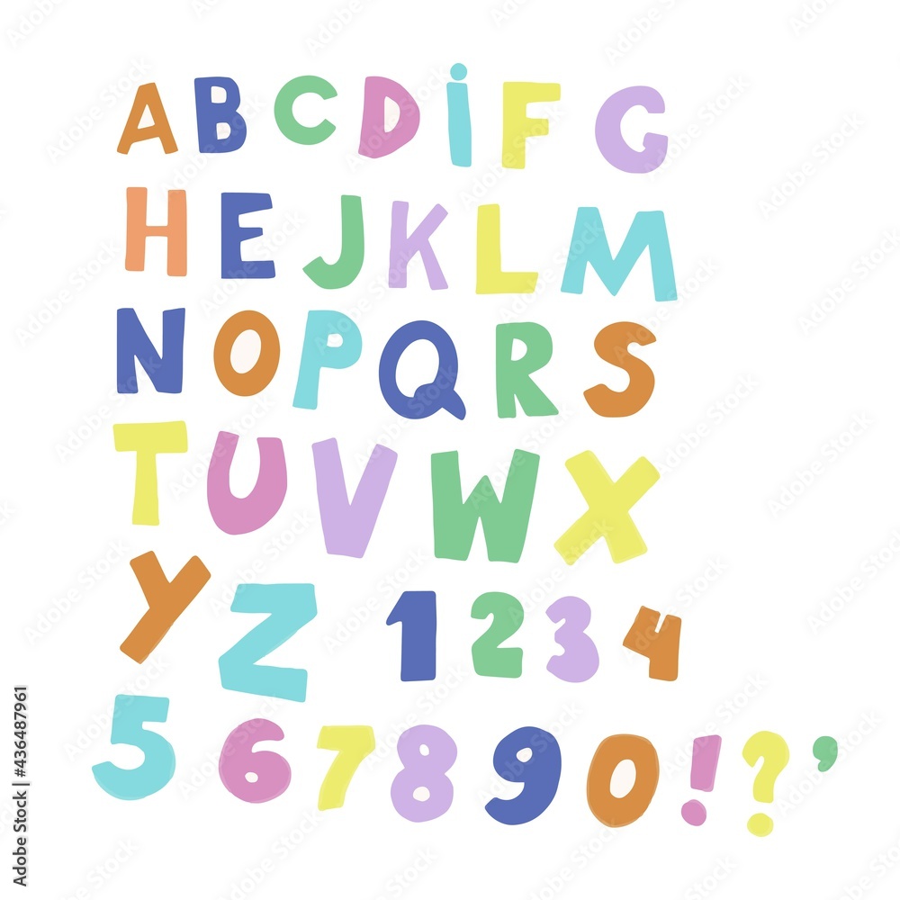 Alphabet english letters stylized doodle sketch drawn vector illustration. Baby picture cute color pink green blue light green purple