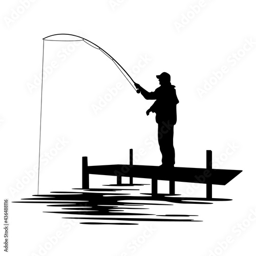 Black silhouette of a fisherman in a cap holding a fishing rod and standing on a bridge. Fishing on a river or a lake. Vector illustration