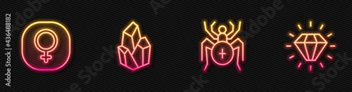 Set line Spider, Venus, Magic stone and Diamond. Glowing neon icon. Vector