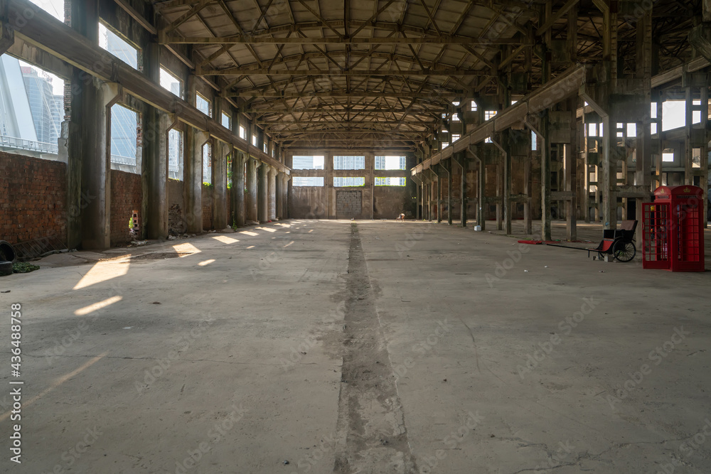 Interior space of abandoned factory warehouse