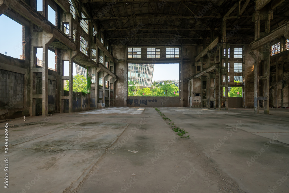 Interior space of abandoned factory warehouse