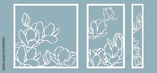Magnolias flowers pattern. Set, panel for registration of the decorative surfaces. Vector illustration of a laser cutting. Plotter cutting and screen printing
