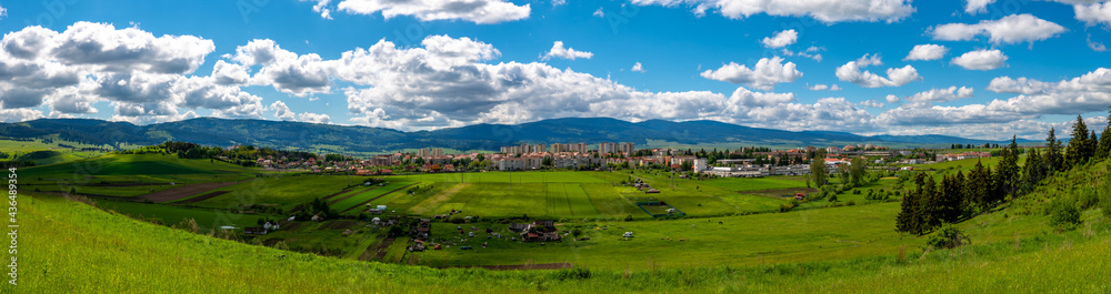 Panoramic view of the town of Csikszereda in hungarian, Miercurea Ciuc in romanian in Romania at springtime.
