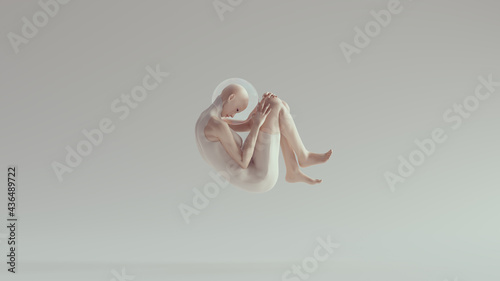 Tall Futuristic Sci Fi Ballerina Space woman in a White Body Suit with Retro Glass Bowl Helmet Floating in the Fetal Position 3d illustration render photo