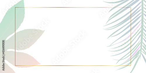 Colorful vector illustration background of very light colored plants that can be written on. gold line frame, white space, copy space, web header, banner, tropical,