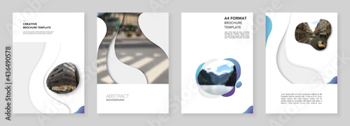 A4 brochure layout of covers design templates with fluid colorful trendy blue gradients geometric shapes for flyer leaflet, A4 format brochure design, report, presentation, magazine cover, book design