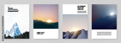 A4 brochure layout of covers templates for flyer leaflet, A4 brochure design, presentation, magazine, book. Fog, sunrise in morning and sunset in evening. Nature landscape backgrounds with mountains.