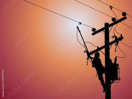 The power lineman use clamp stick (insulated tool) to closing a transformer on energized high-voltage electric power lines. The power lineman must be trained because it is a risky job photo