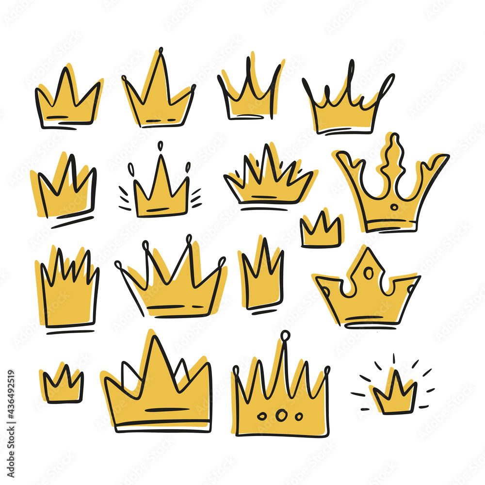 Doodle crown yellow cartoon queen sketch set. King icon illustration design. Vector princess graphic. Doodle crown yellow cartoon queen sketch set. King icon illustration design. Vector princess graphic.