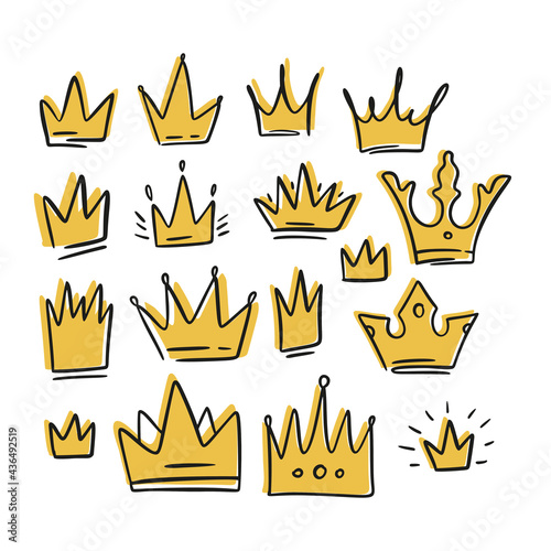 Doodle crown yellow cartoon queen sketch set. King icon illustration design. Vector princess graphic.