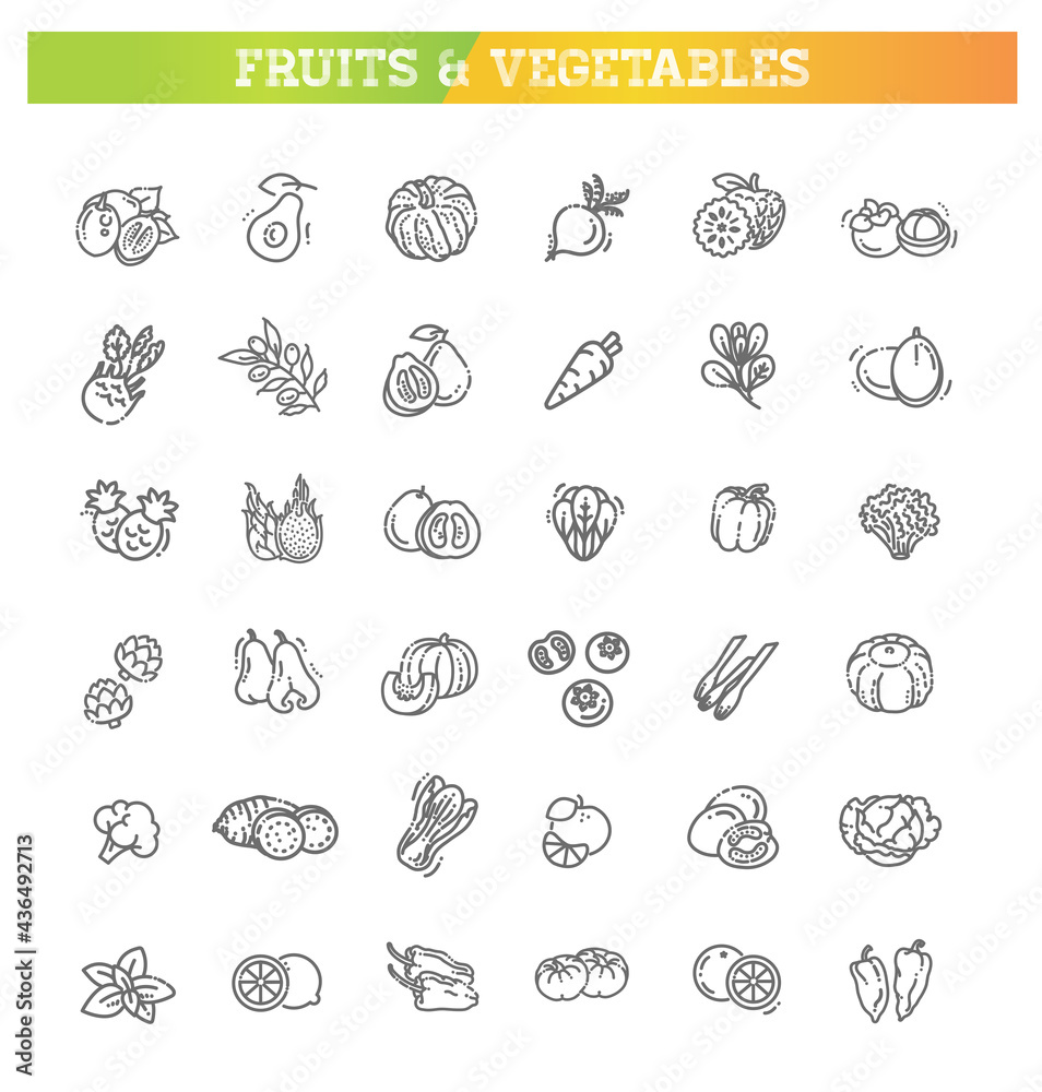 Fresh fruit and vegetables. Thin line flat design Fresh fruit and vegetables. Thin line flat design