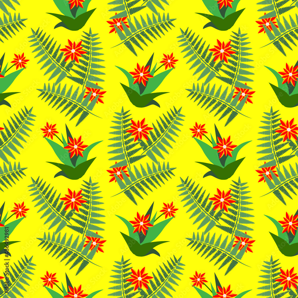Fern leaves with aloe flowers seamless pattern.
Fern leaves with aloe flowers seamless pattern.