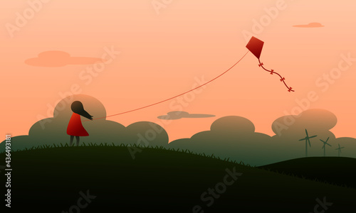 Little girl in a red dress playing a kite on the grassy slopes with evening sky flat vector.