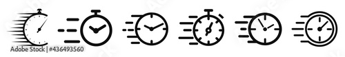 Fast stopwatch line icons set. Quick time icon, fast deadline. Fast delivery shipping service. Speed clock symbol urgency, time management, competition sign stopwatch rapid countdown timer.