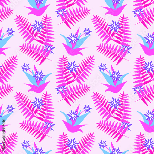 Fern leaves with aloe flowers seamless pattern. 