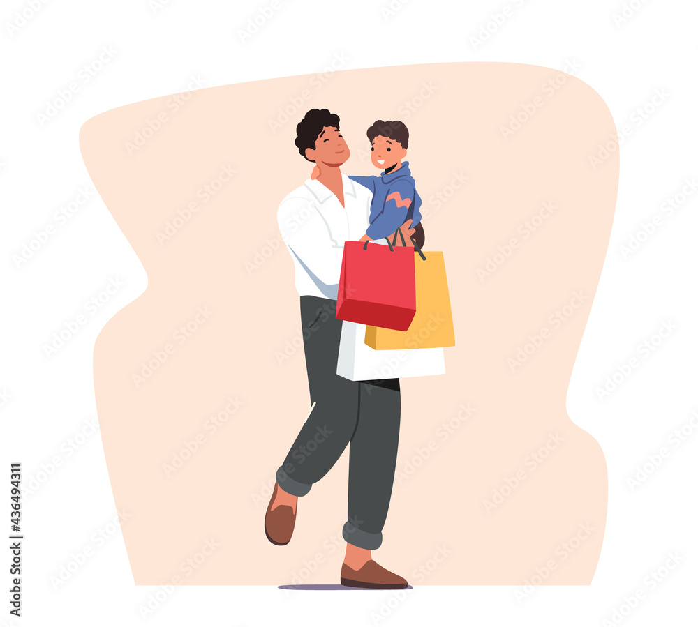 Father with Little Son on Hands Holding Colorful Paper Bags. Family Weekend Shopping, Purchase. Happy Dad with Child Father with Little Son on Hands Holding Colorful Paper Bags. Family Weekend Shopping, Purchase. Happy Dad with Child