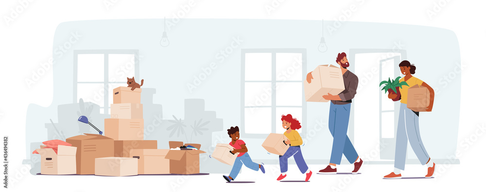 People moving to new house with things and home Vector Image