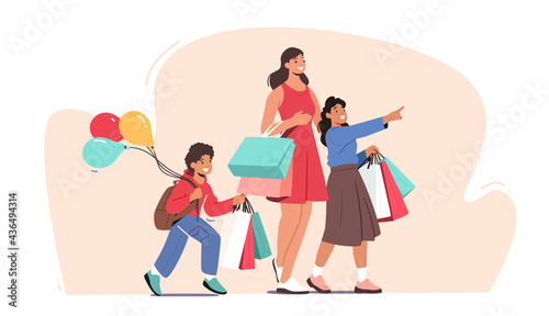 Family Shopping Weekend Spare Time Concept. Woman and Children Visiting Store for Buying Goods. Kids with Balloons