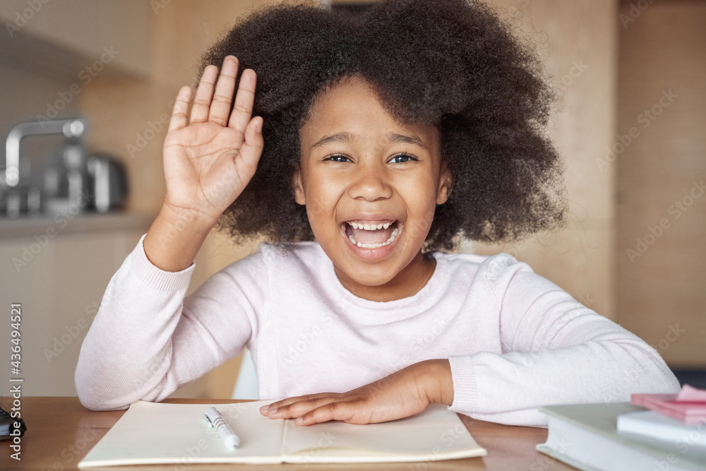 Closeup portrait webcam shot of little girl raising hand during online lesson Closeup portrait webcam shot of little girl raising hand during online lesson